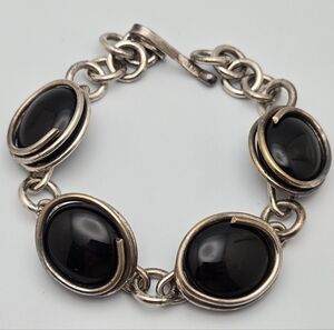 Vintage Mexican Silver Black Onyx Link Bracelet Oval Bezel Set Stones Adjustable
